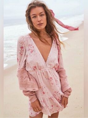 LoveShackFancy NWT Siriana Mini Dress Light Pink Floral Silk-Blend P 00